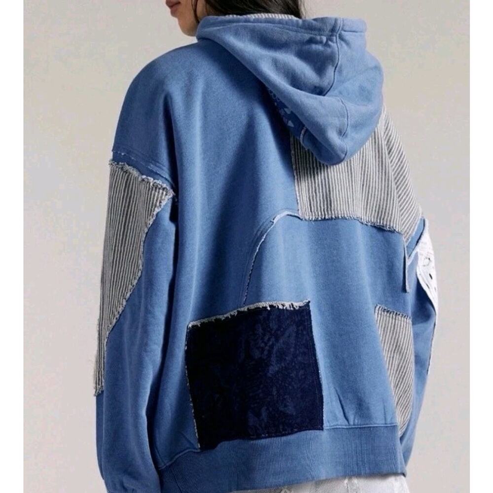 Free People Tttered Romance Hoodie Sweatshirt We The Free Patchwork Indigo Combo - Picture 3 of 6